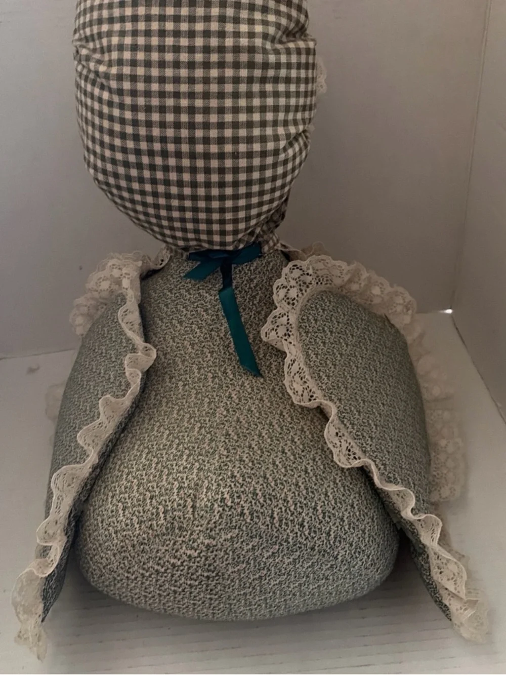 Handmade Fabric Bird Toy in Green Gingham with Yellow Beak